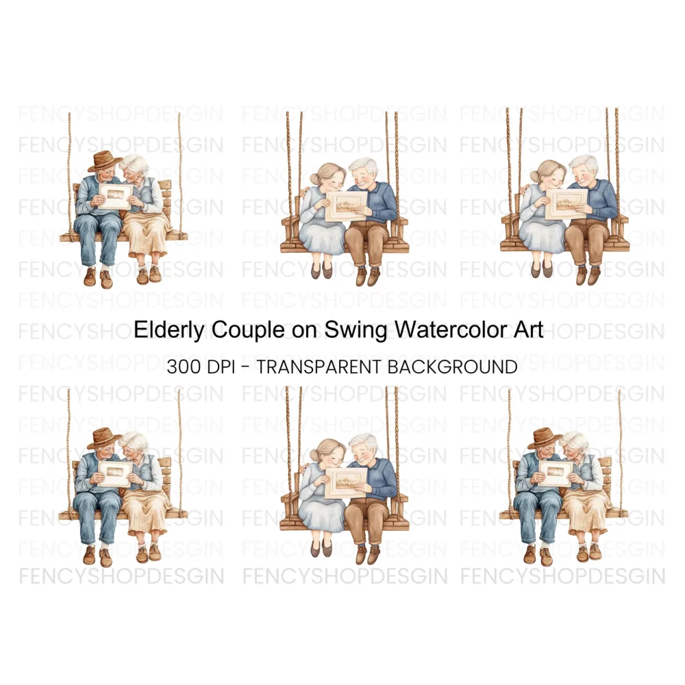 Elderly Couple on Swing Clipart Bundle