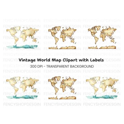 Vintage World Map Antarctica Clipart Bundle