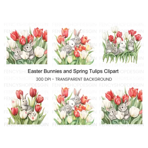 Baby Bunnies in Tulip Garden Clipart Bundle