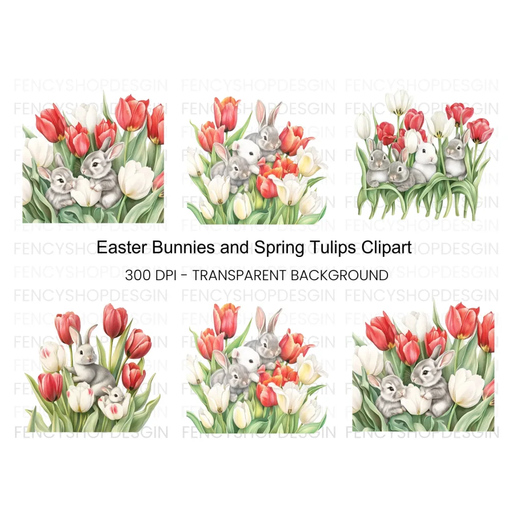 Baby Bunnies in Tulip Garden Clipart Bundle