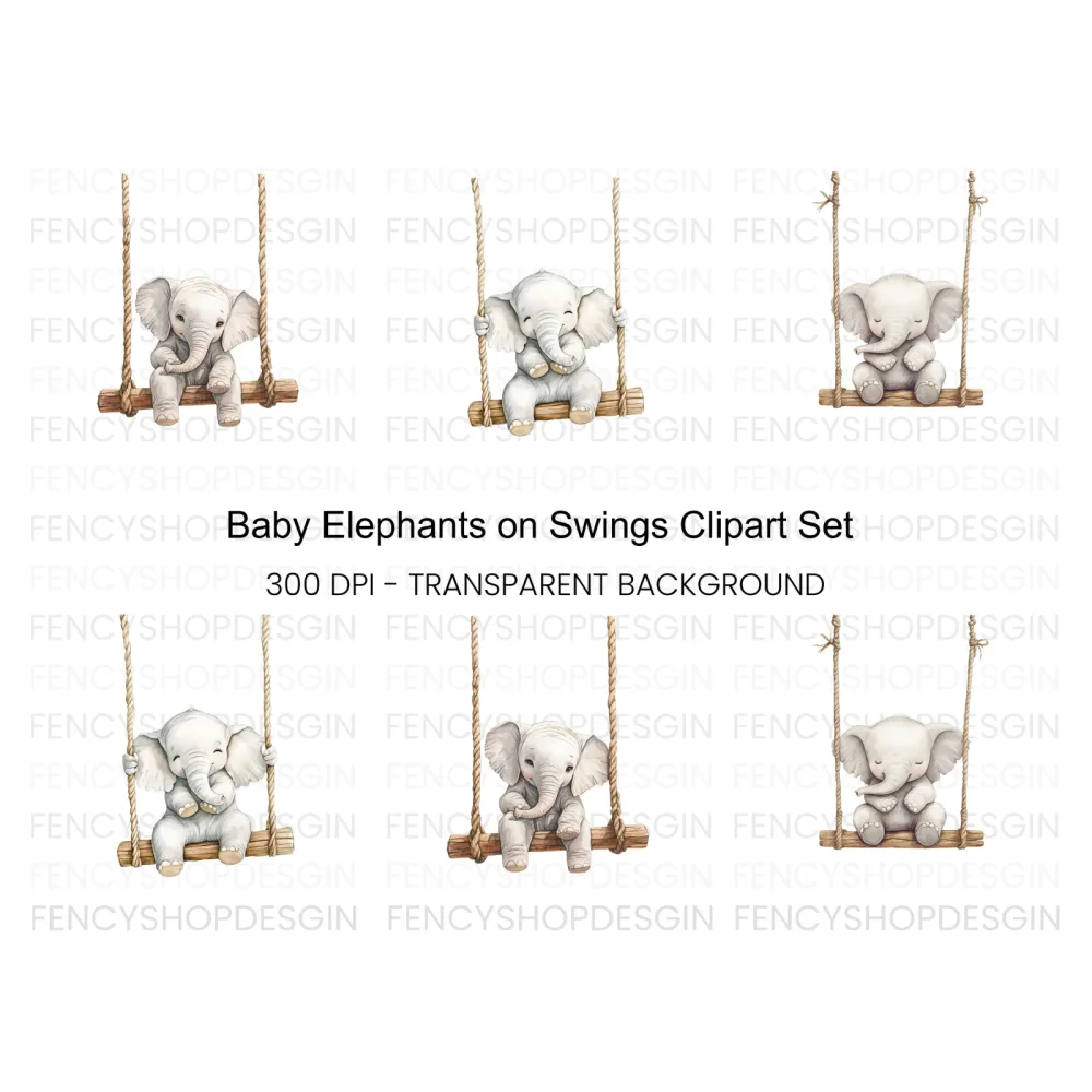 Swinging Baby Elephant Clipart Bundle