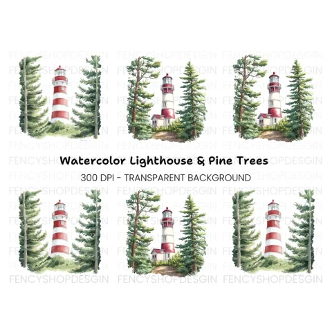 Lighthouse and Pine Trees Clipart Bundle