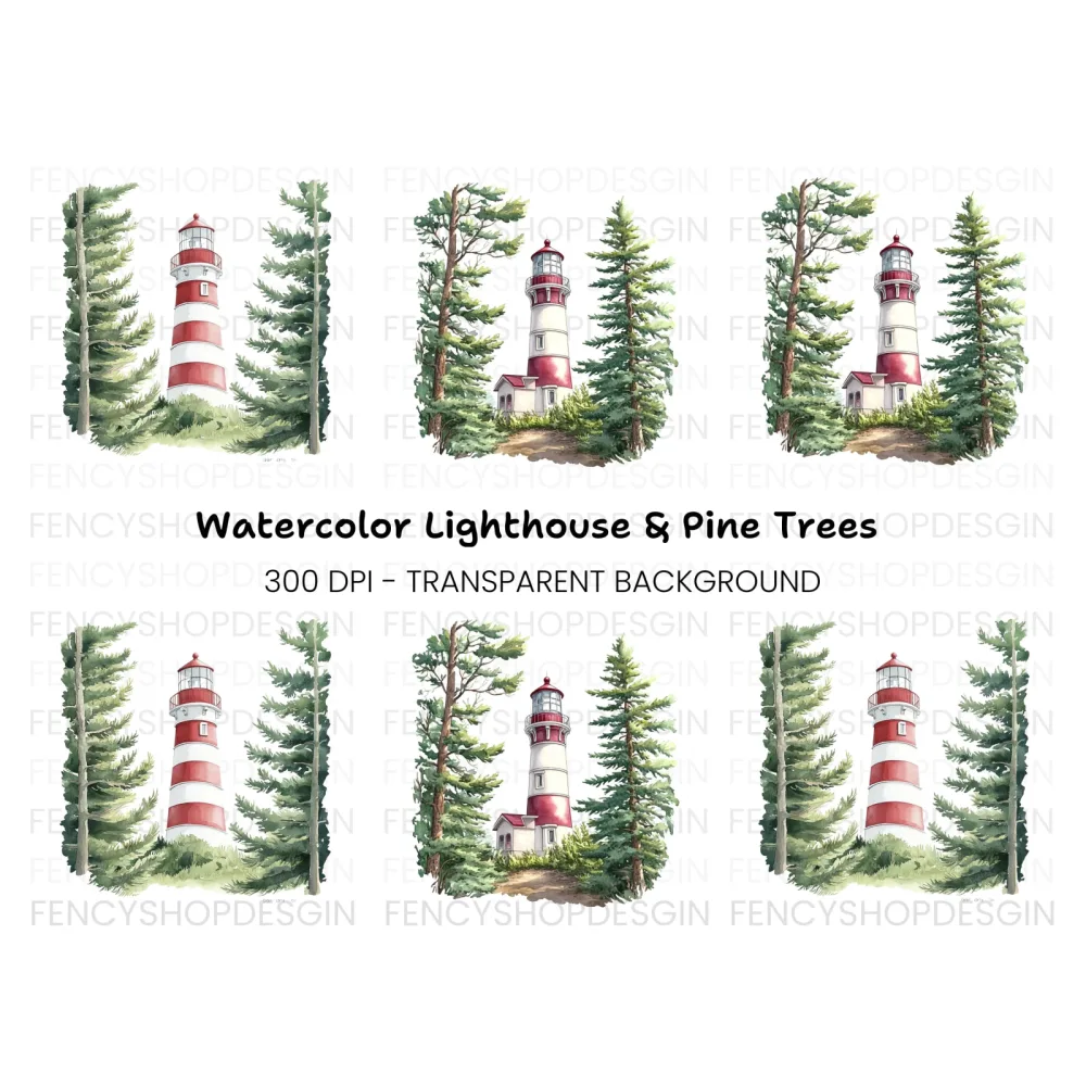 Lighthouse and Pine Trees Clipart Bundle