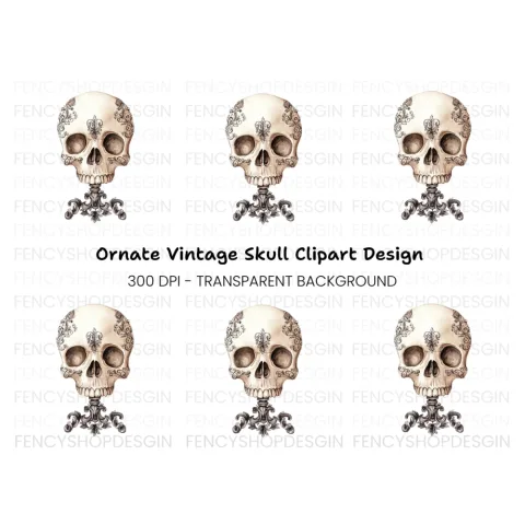 Ornate Floral Skull Clipart Bundle