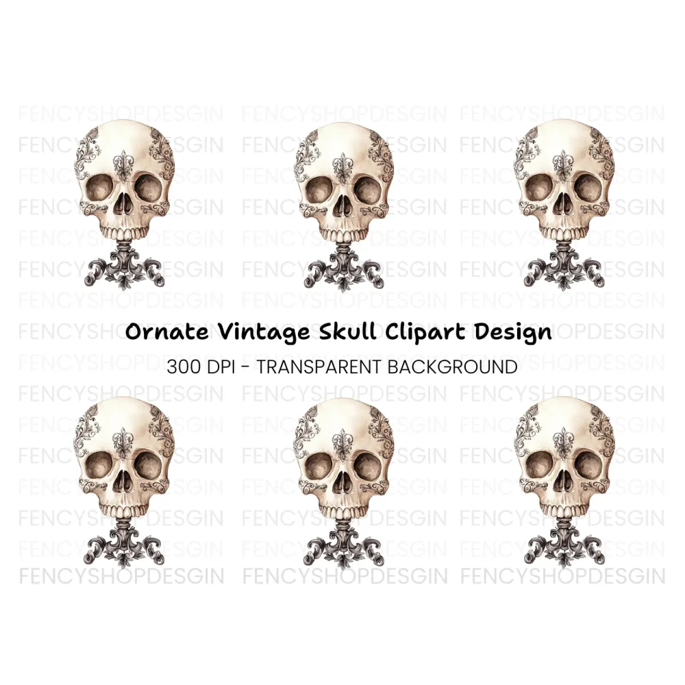 Ornate Floral Skull Clipart Bundle