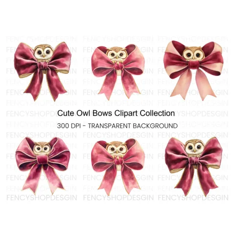 Cute Owl with Pink Bow Clipart Bundle