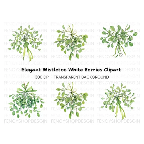 Green Mistletoe with Berries Clipart Bundle