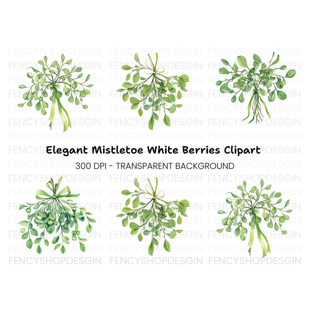 Green Mistletoe with Berries Clipart Bundle