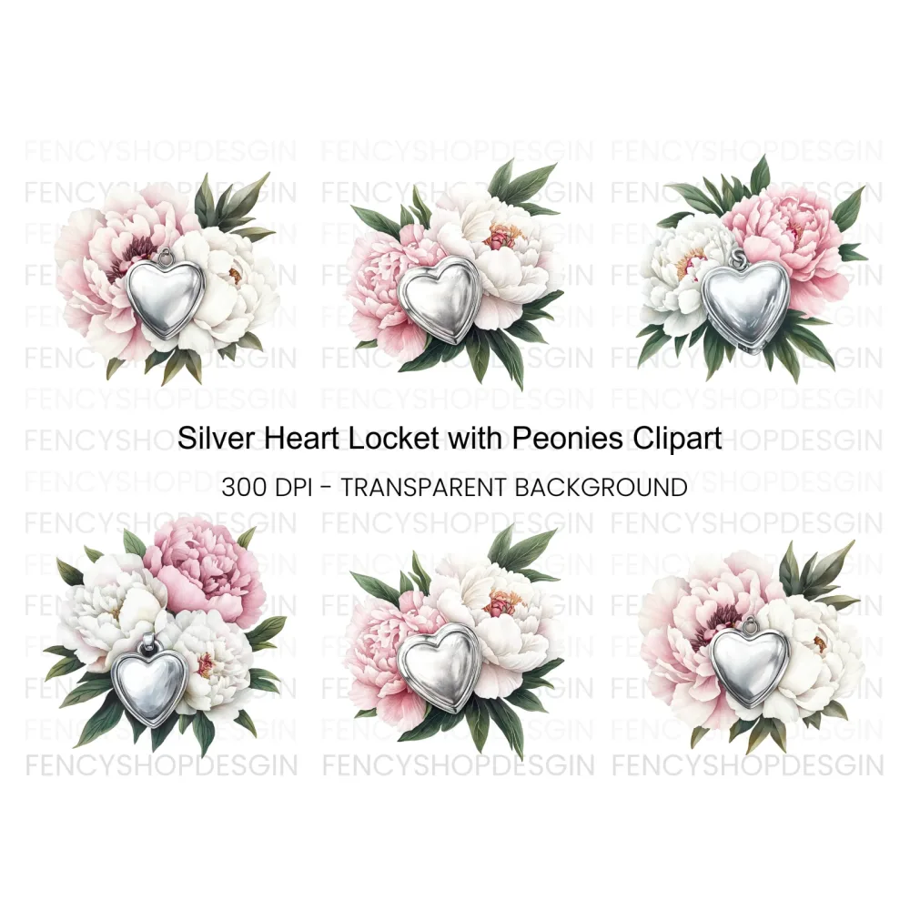 Heart Locket Peony Clipart Bundle