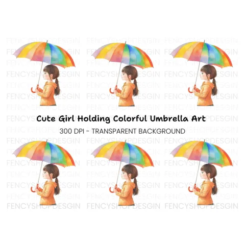 Girl with Rainbow Umbrella Clipart Bundle