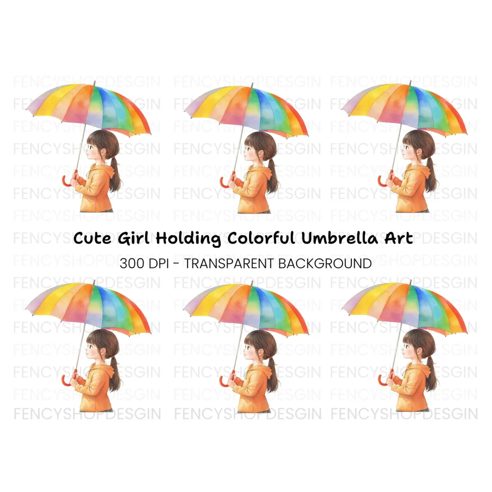 Girl with Rainbow Umbrella Clipart Bundle