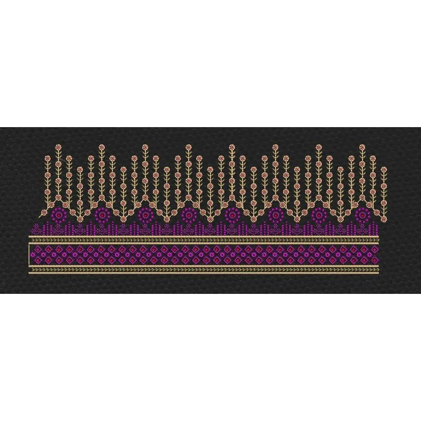 Dark Floral Stem Rain Border - Black, Purple & Gold Embroidery Design