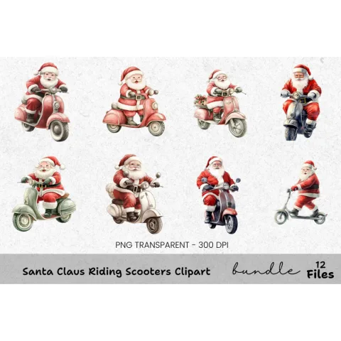 Santa Claus Riding Scooters Clipart Bundle