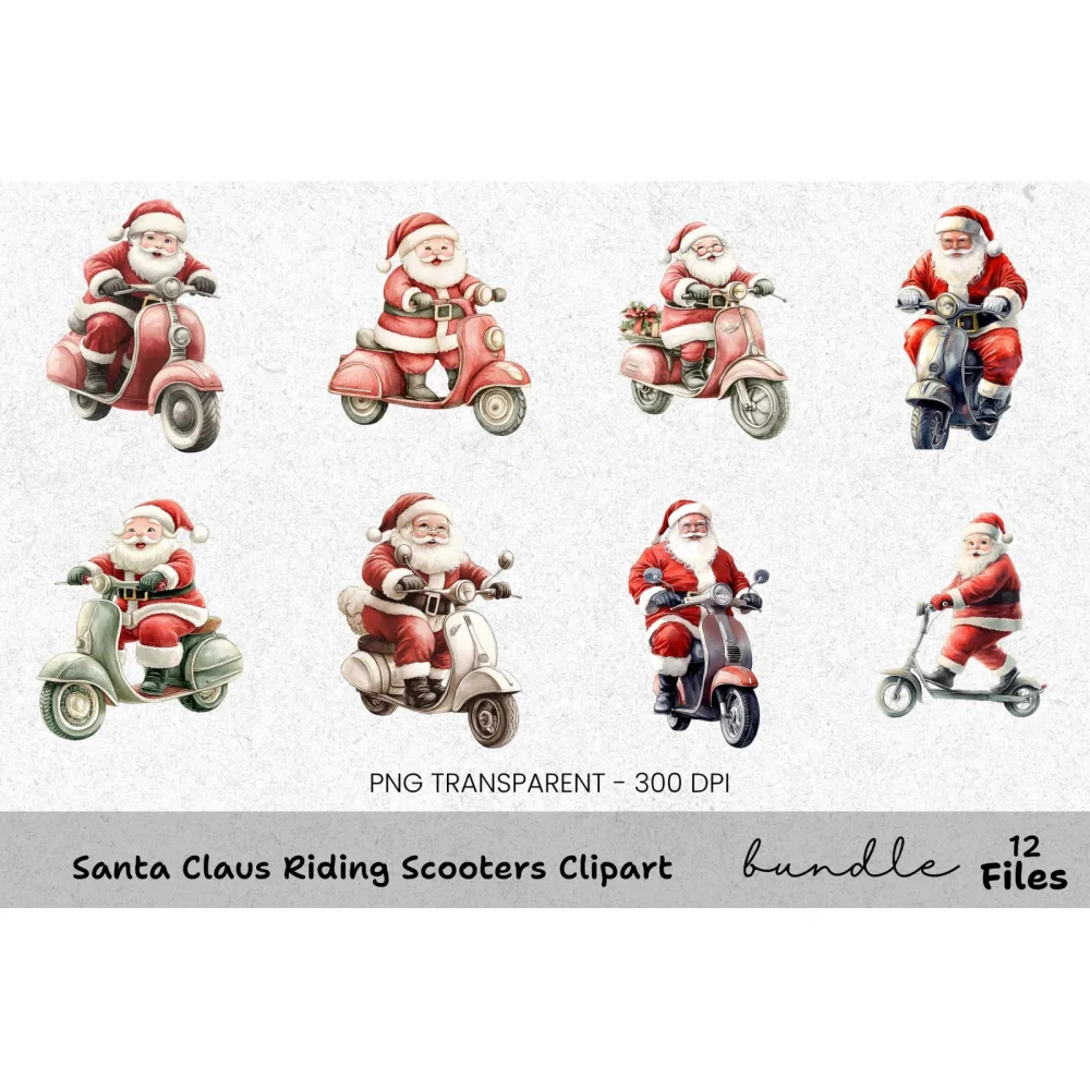 Santa Claus Riding Scooters Clipart Bundle