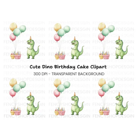 Dinosaur Birthday Cake Balloons Clipart Bundle