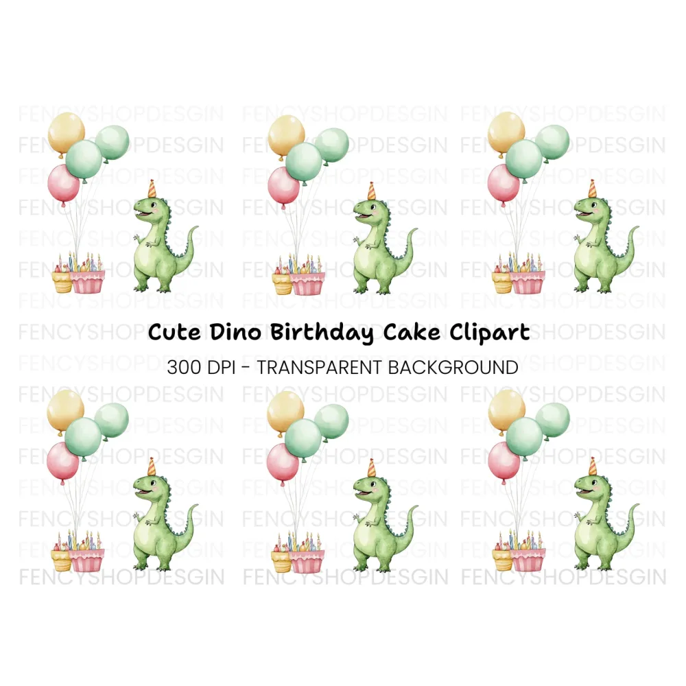 Dinosaur Birthday Cake Balloons Clipart Bundle