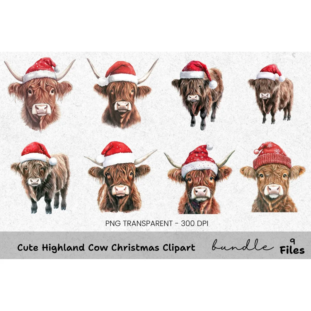 Cute Highland Cow Christmas Clipart Bundle