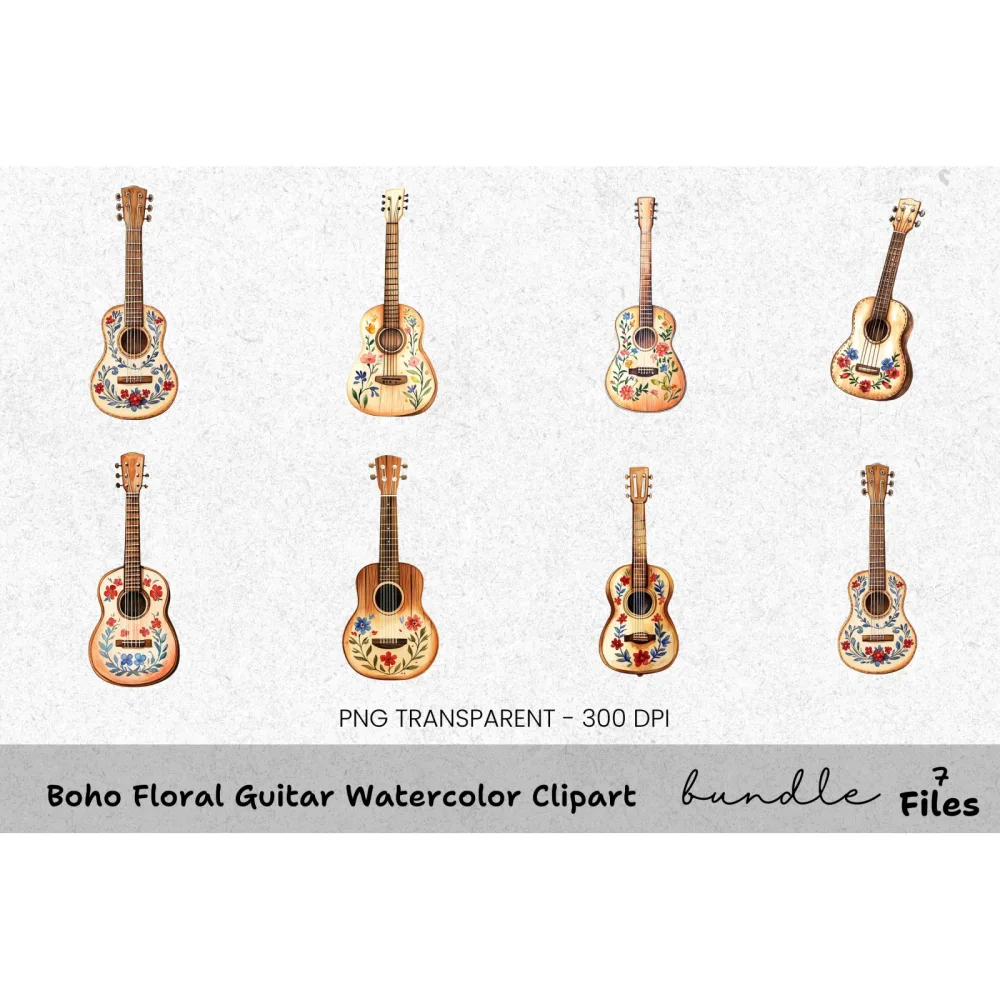 Boho Floral Guitar Clipart Bundle
