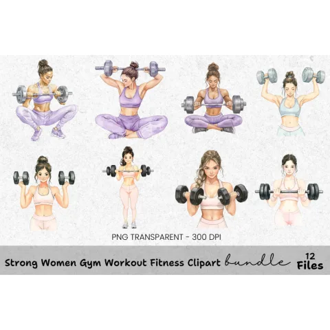 Strong Women Gym Workout Fitness Clipart Bundle