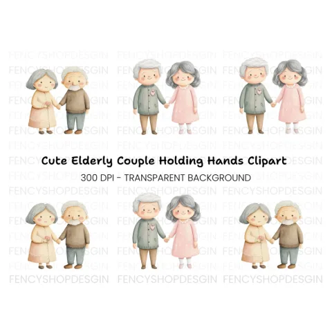 Cute Elderly Couple Holding Hands Clipart Bundle