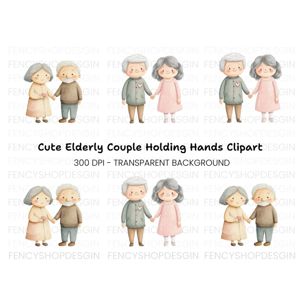Cute Elderly Couple Holding Hands Clipart Bundle