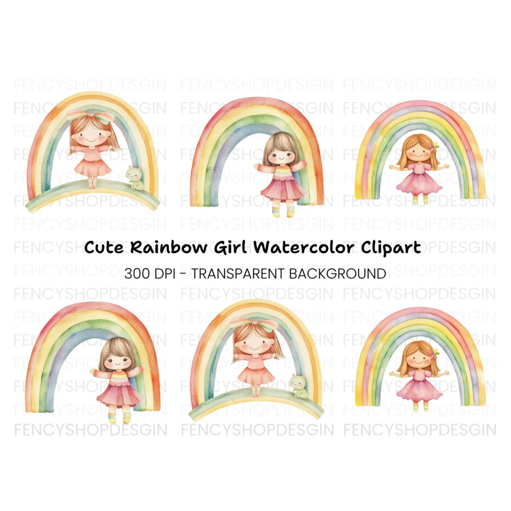 Cute Girls and Rainbows Clipart Bundle