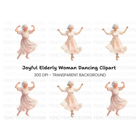 Happy Elderly Woman Dancing Clipart Bundle