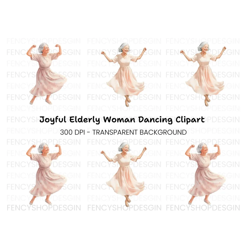 Happy Elderly Woman Dancing Clipart Bundle