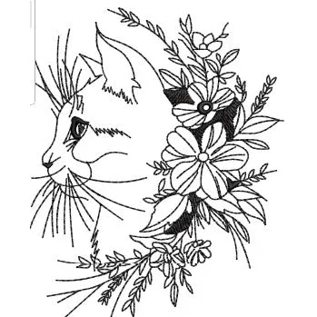 Cat With Flower Embroidery Design