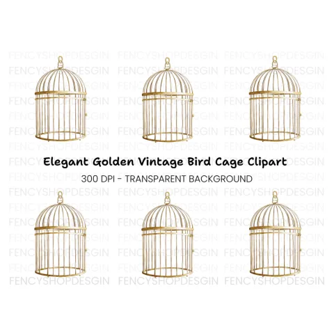 Vintage Gold Bird Cage Clipart Bundle