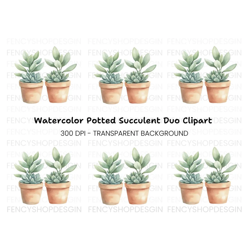Cute Potted Succulent Duo Clipart Bundle