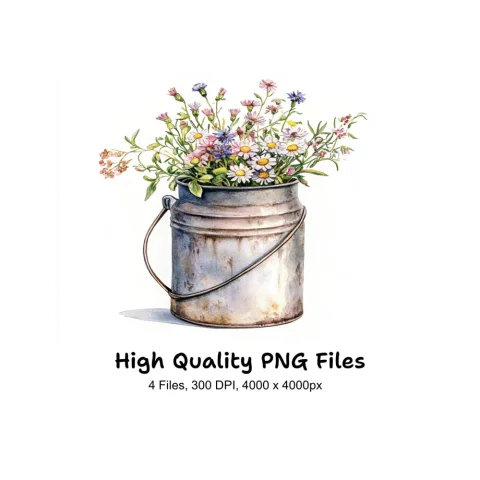 Wildflower Bouquets in Vintage Milk Cans Clipart Bundle