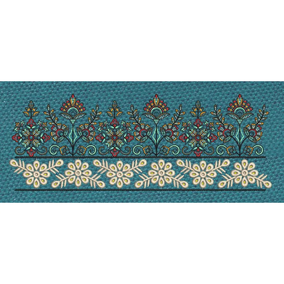 Teal Mughal Fan Buta Hem Border Teal & Multicolor Embroidery Design