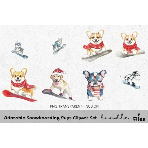 Cute Corgi Dogs Snowboarding Clipart Bundle