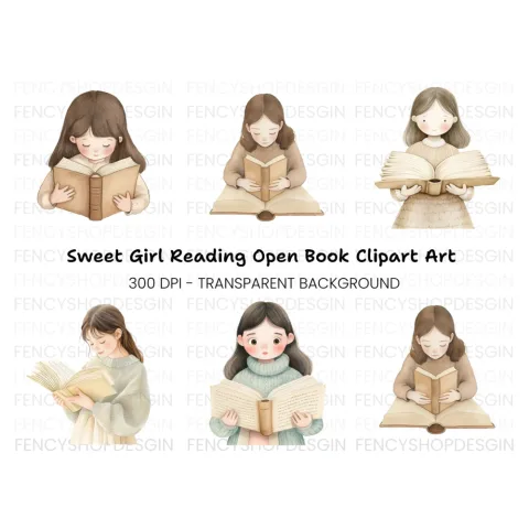 Girls Reading Books Clipart Bundle