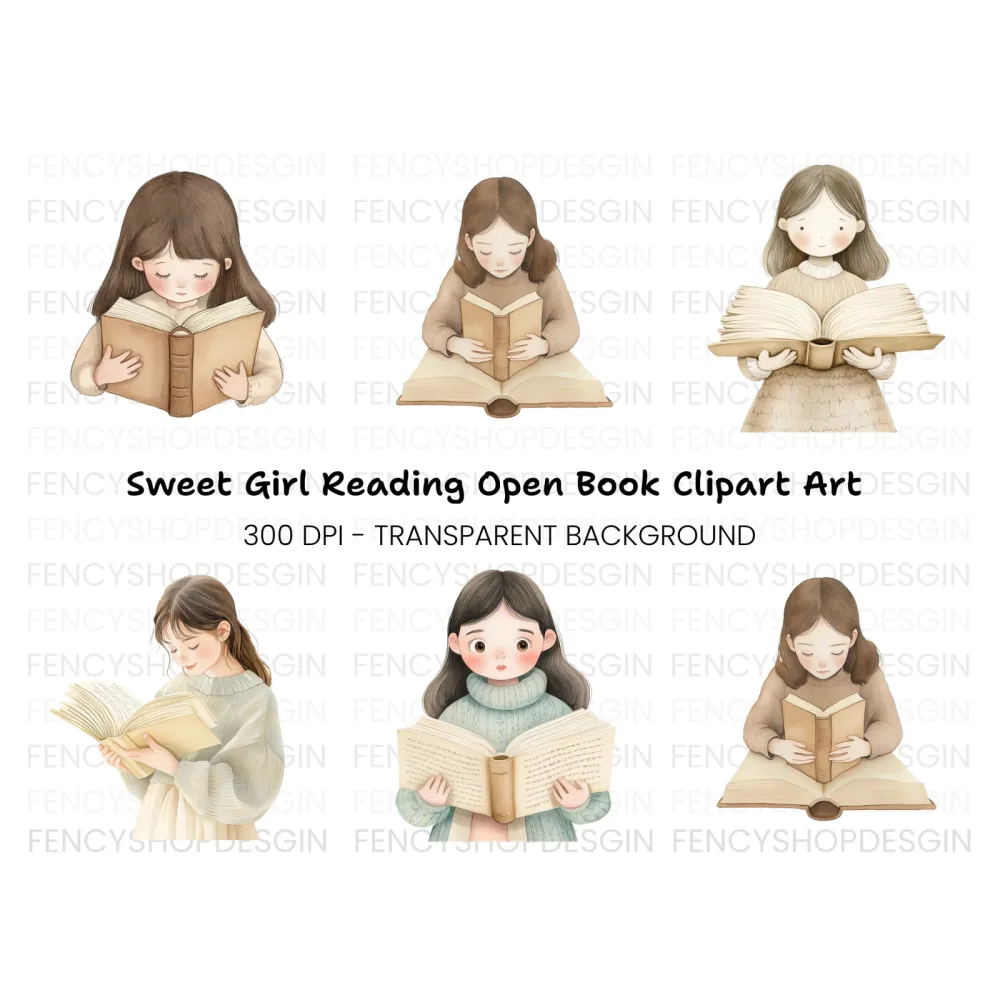 Girls Reading Books Clipart Bundle