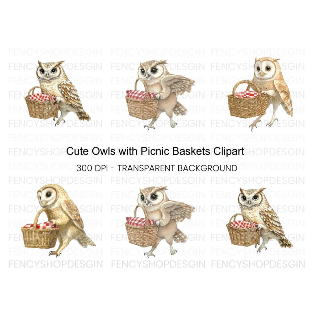 Cute Owls with Picnic Baskets Clipart Bundle