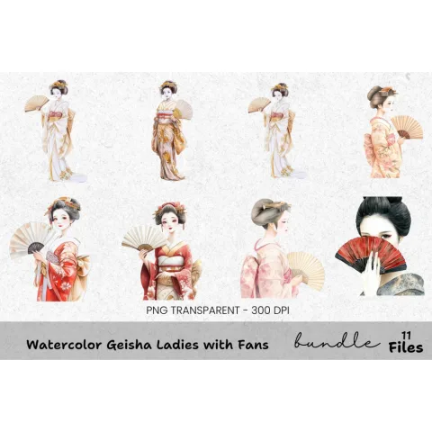 Geisha Ladies with Fans Clipart Bundle