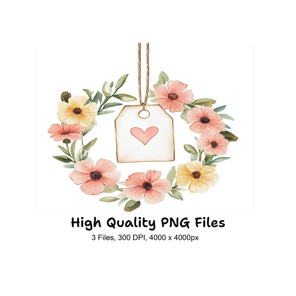 Floral Wreath Heart Tag Clipart Bundle