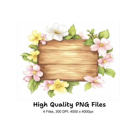 Spring Flower Frame Wooden Clipart Bundle