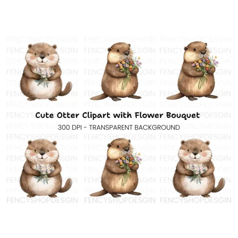 Cute Otters Holding Flower Bouquets Clipart Bundle