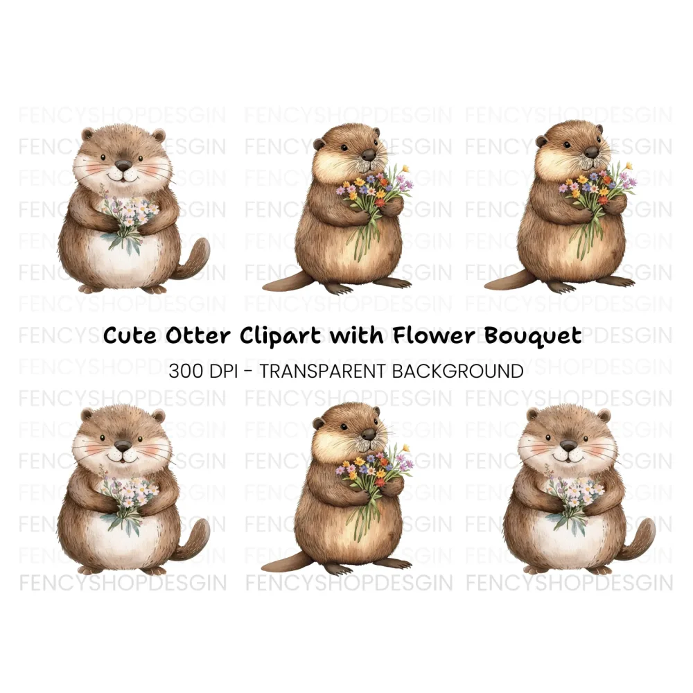Cute Otters Holding Flower Bouquets Clipart Bundle