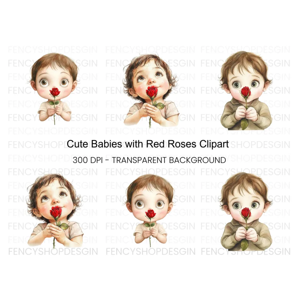 Cute Babies with Red Roses Clipart Bundle
