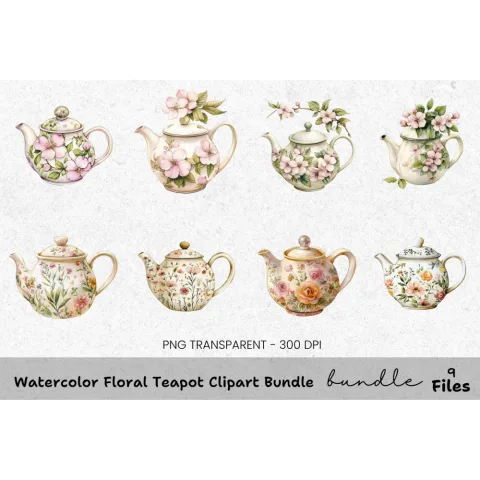 Floral Teapot Clipart Bundle