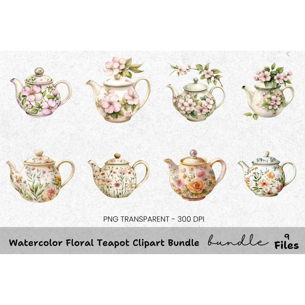 Floral Teapot Clipart Bundle