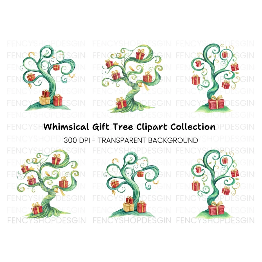 Whimsical Gift Trees Clipart Bundle