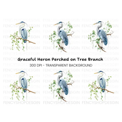 Heron on Branch with Green Leaves Clipart Bundle