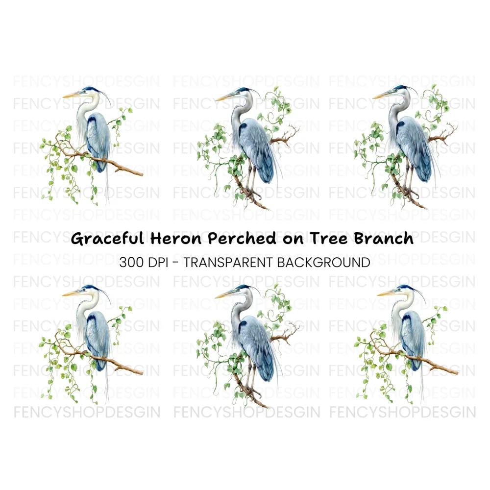 Heron on Branch with Green Leaves Clipart Bundle