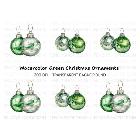 Green Christmas Ornaments Clipart Bundle