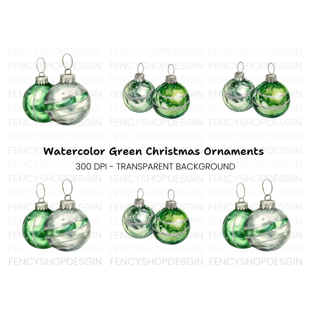 Green Christmas Ornaments Clipart Bundle